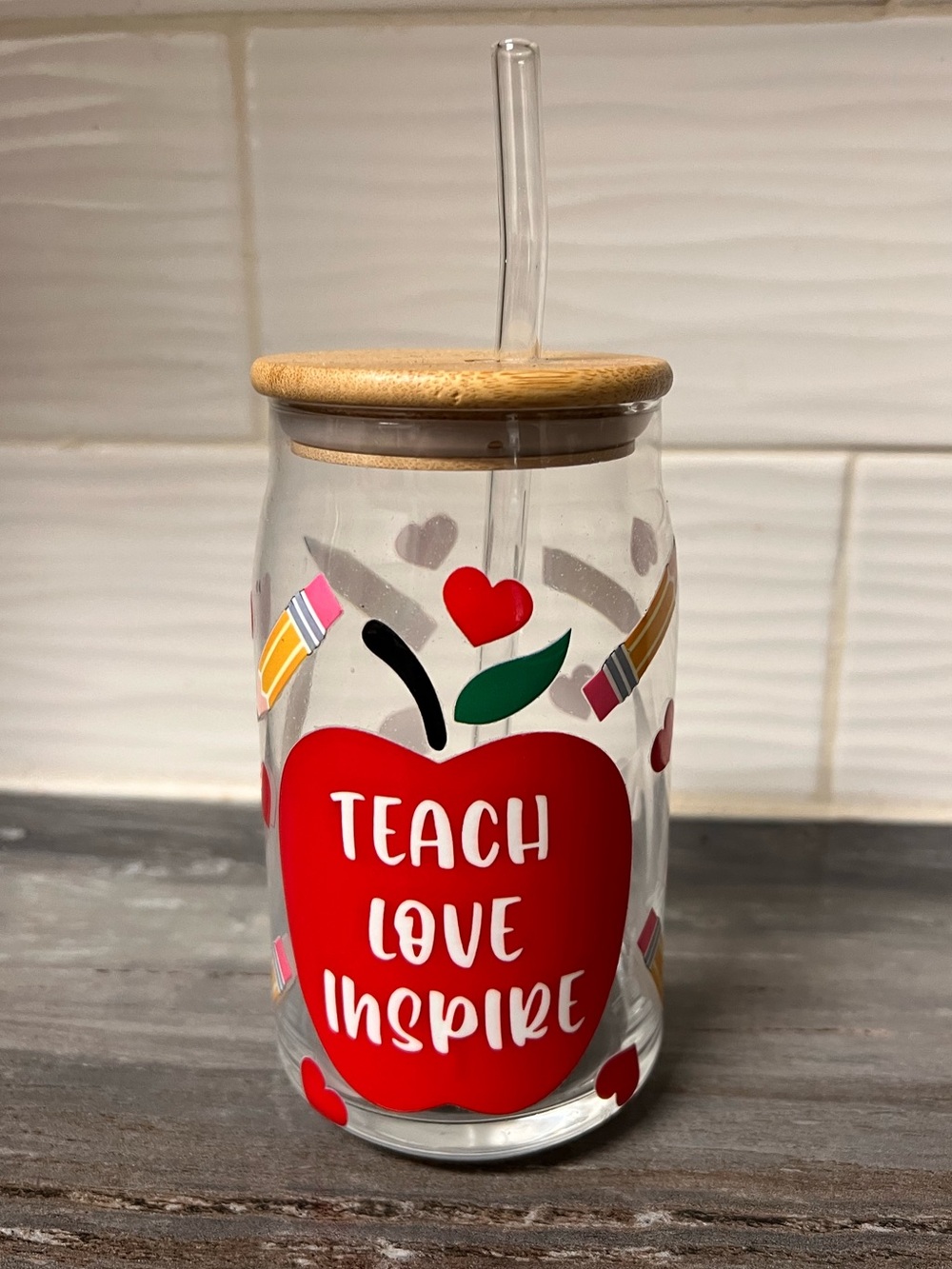 Teach Gift, Glass Tumbler with Glass Straw